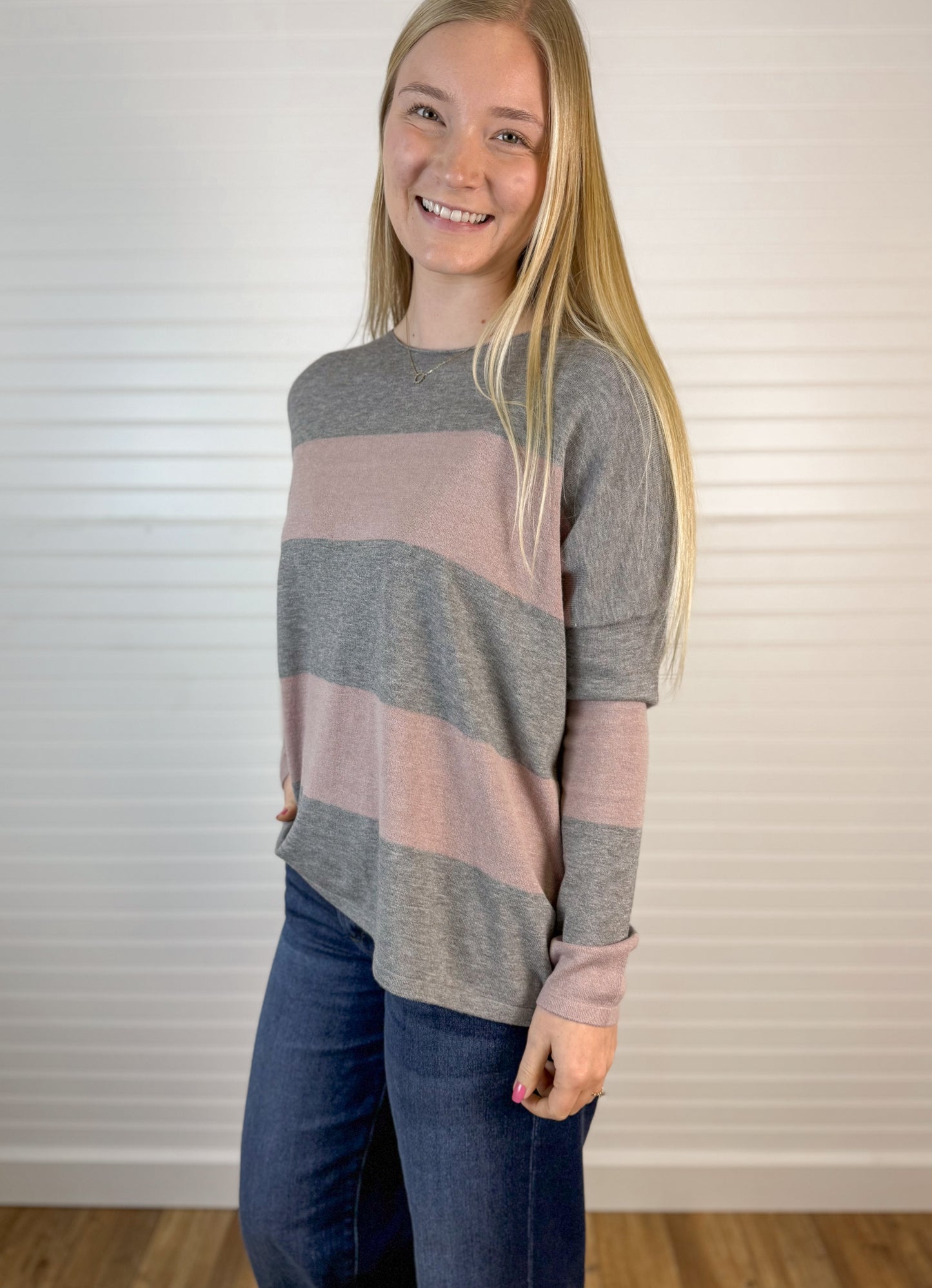 Boat Neck Wide Striped Sweater - Grey/Blush