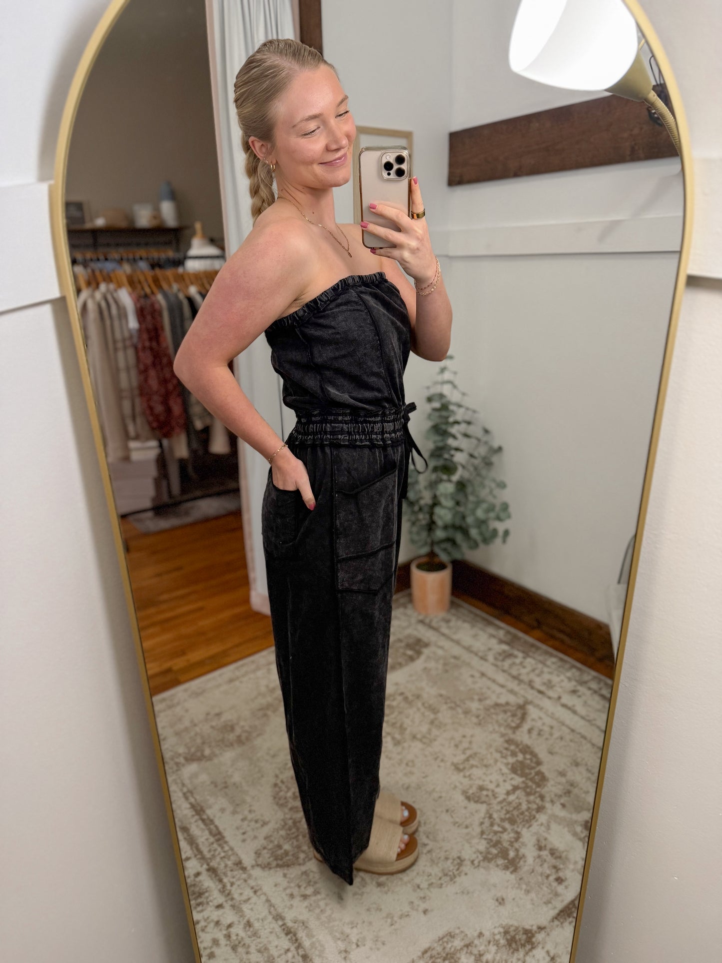 Mineral Washed Strapless Jumpsuit - Ash Black