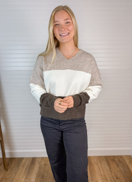 V-Neck Color Block Sweater - Taupe