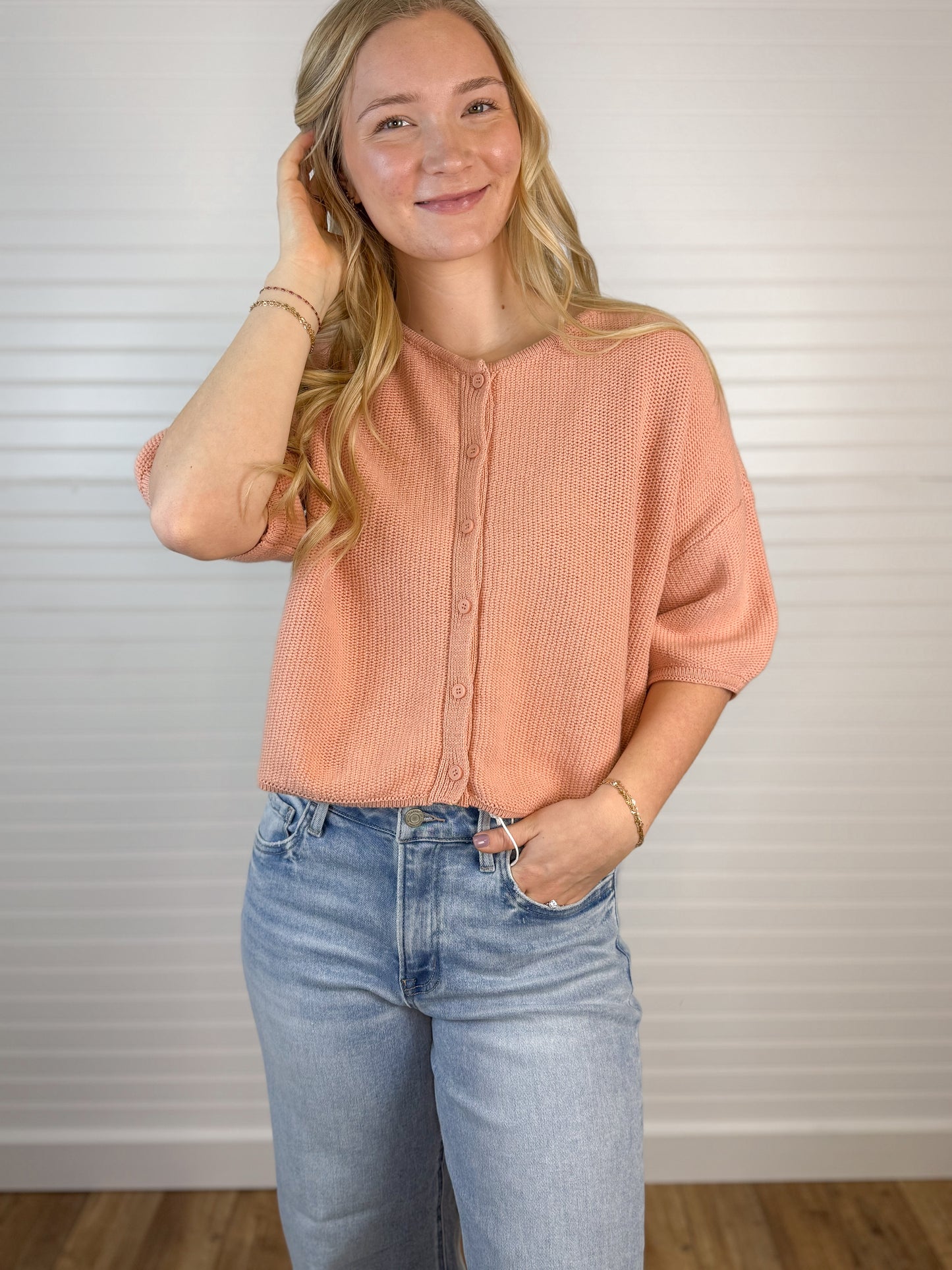Textured Knit Crop Cardigan - Peach