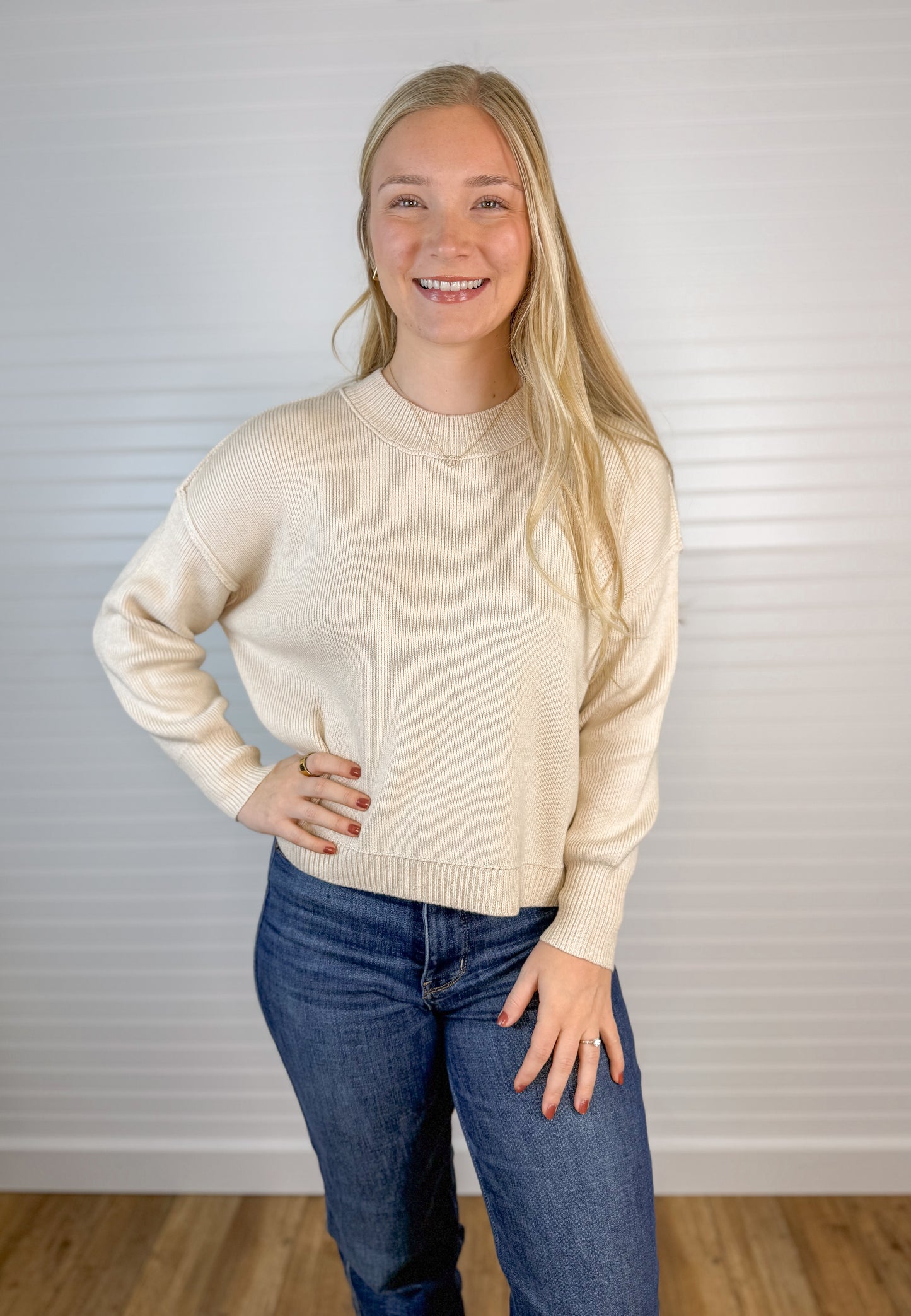 Ribbed Knit Raw Seam Sweater - Cream