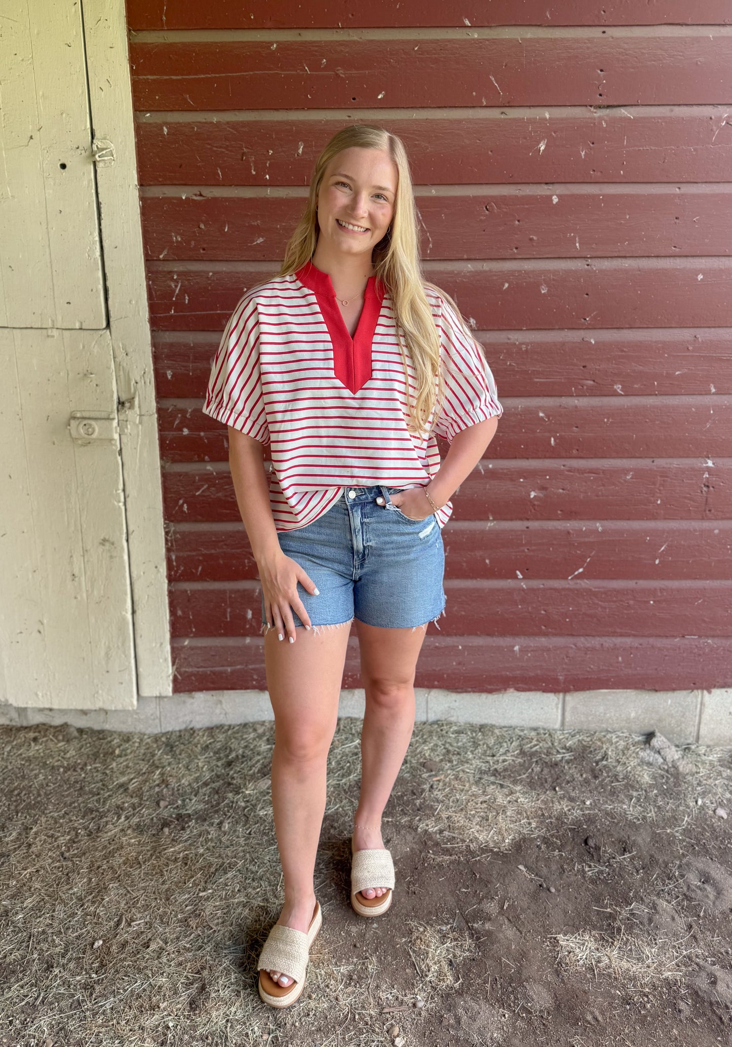 Striped Dolman Knit Top - Red/White