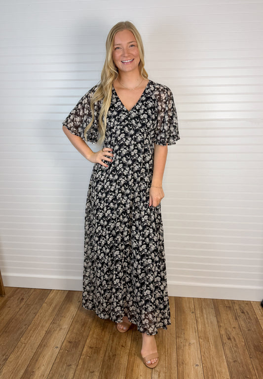 Flutter Sleeve Floral Maxi Dress - Black