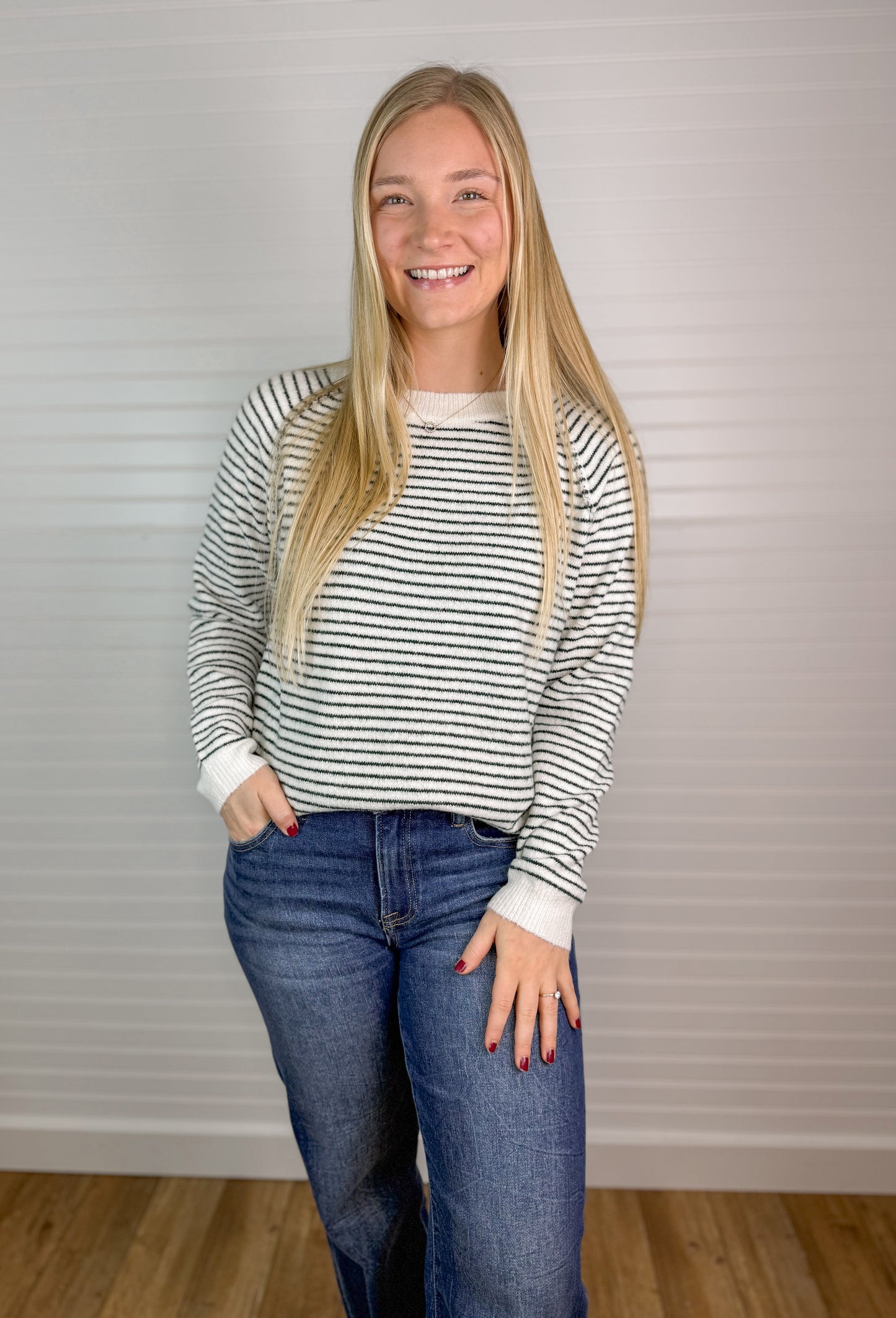 Striped Soft Raglan Sweater - Forest