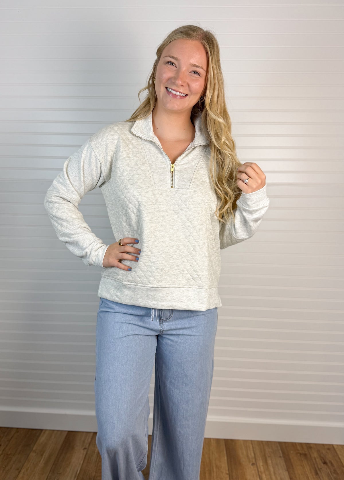 Quilted Half Zip French Terry Pullover - Heather Gray