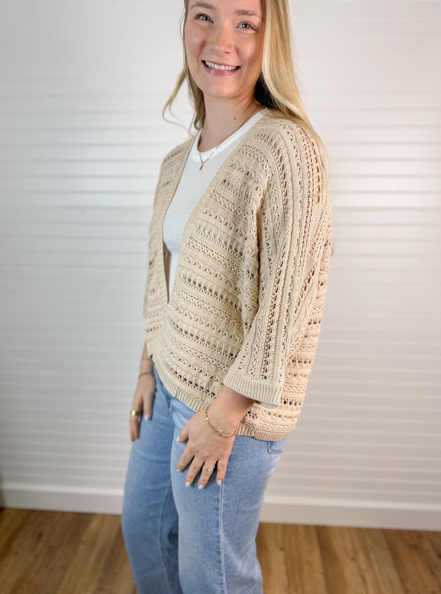 Crochet Dolman Open Front Cardigan - Taupe