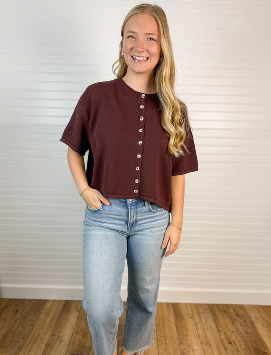 Short Sleeve Button Front Knit Top - Espresso