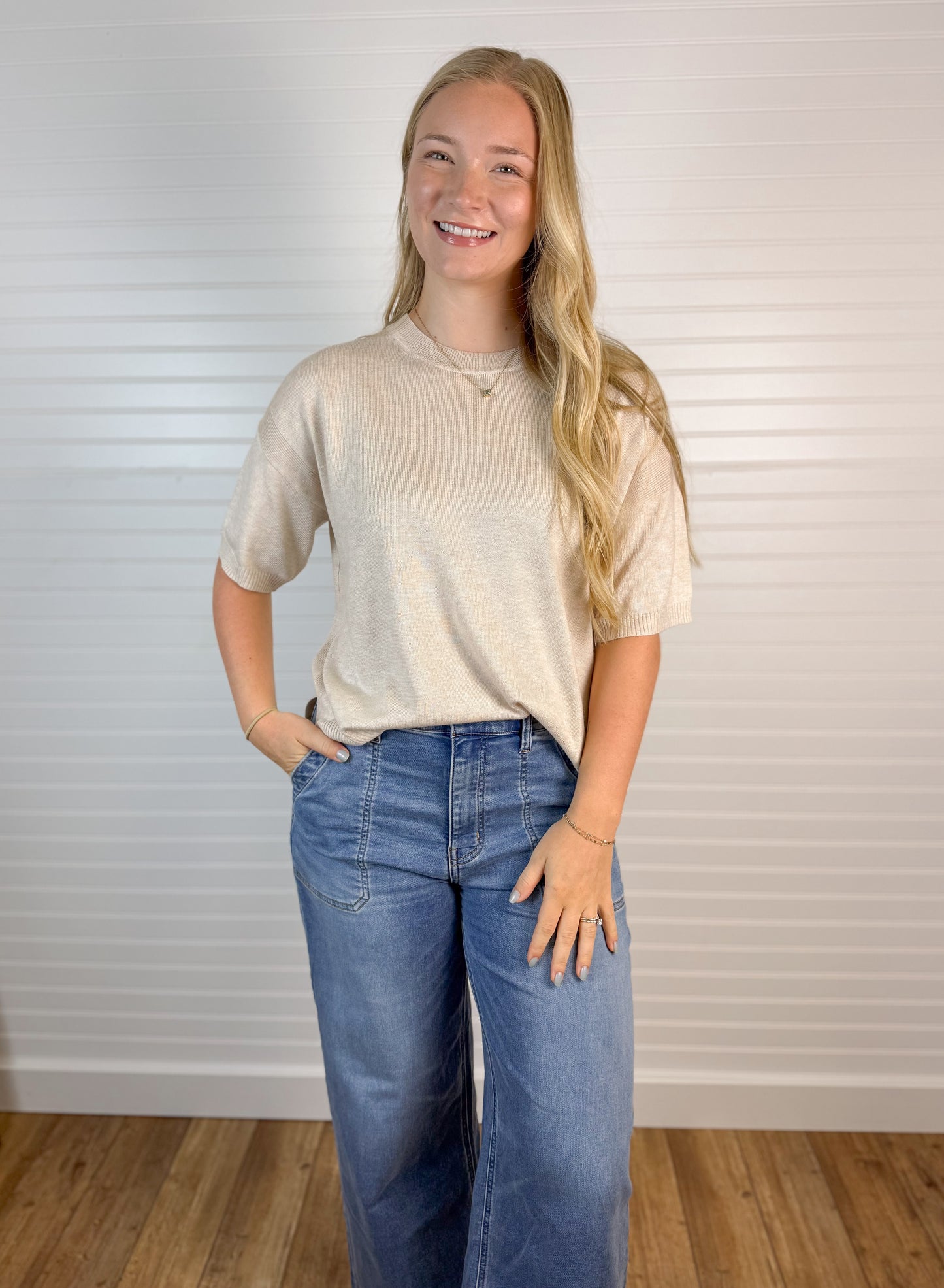 Drop Shoulder Short Sleeve Sweater - Oatmeal