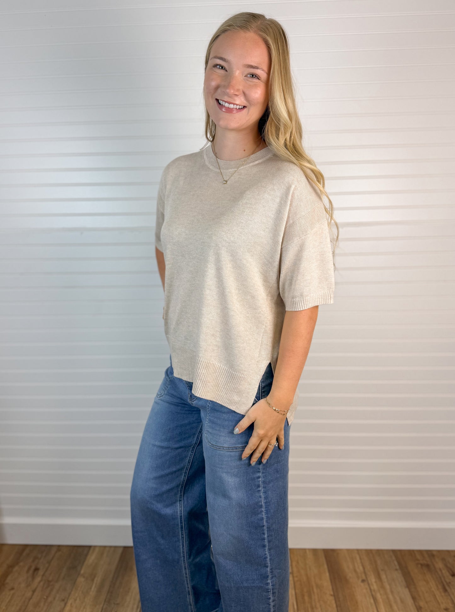 Drop Shoulder Short Sleeve Sweater - Oatmeal