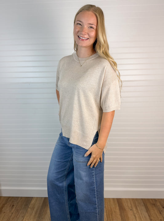 Drop Shoulder Short Sleeve Sweater - Oatmeal