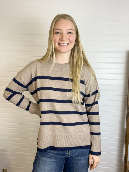 Striped Crewneck Sweater - Mocha/Navy