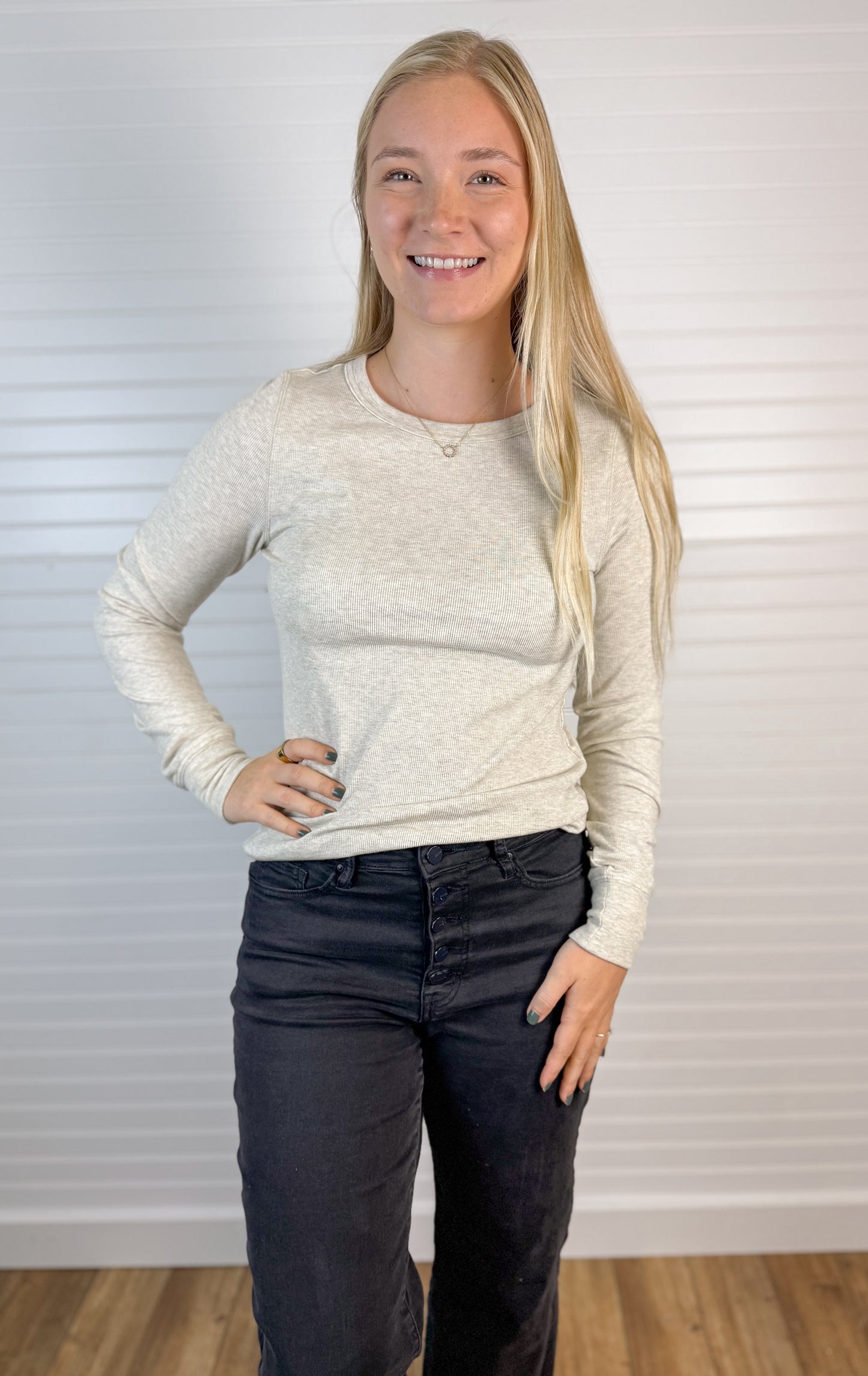Basic Ribbed Long Sleeve Top - Sand Heather