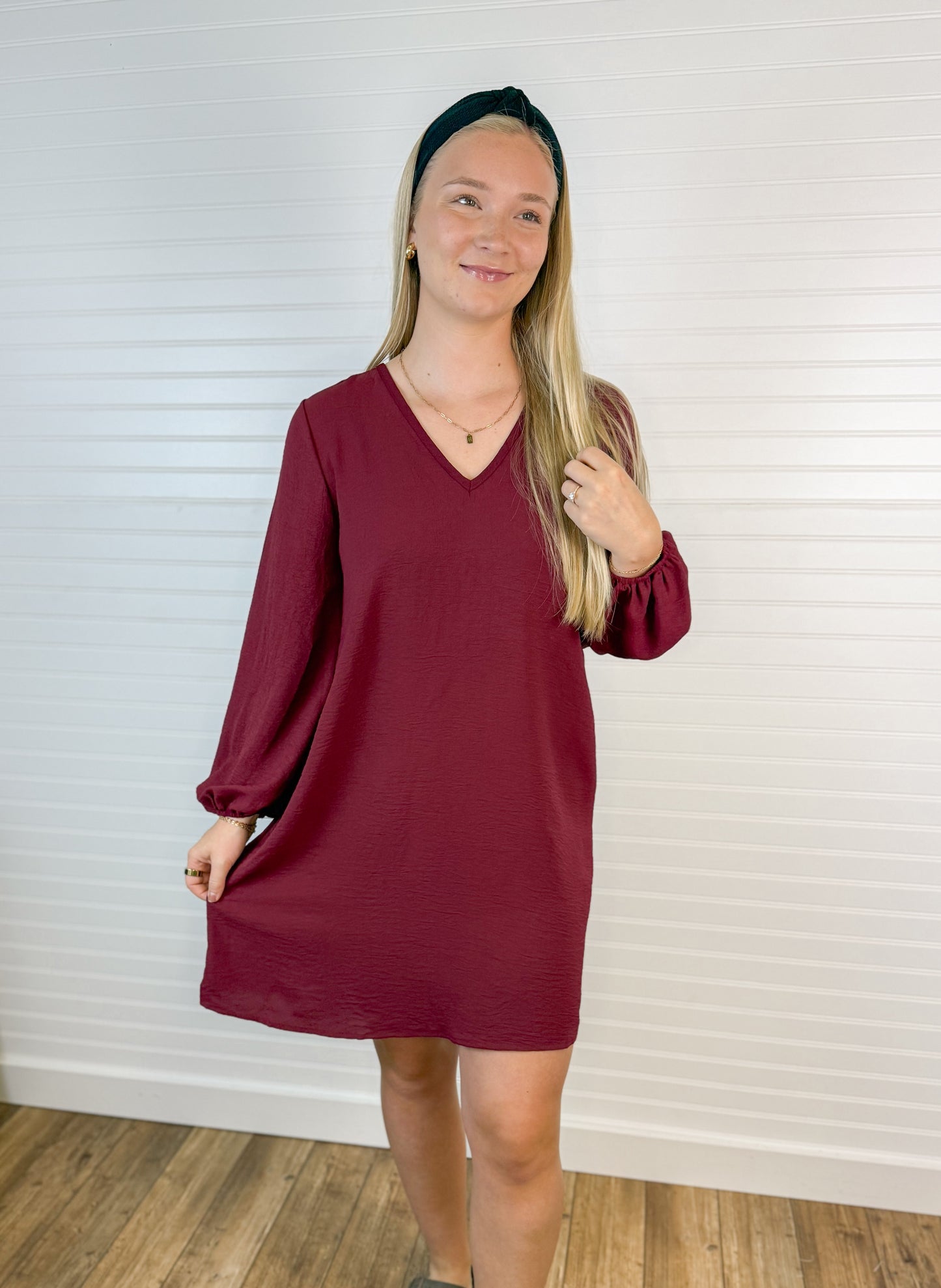 Airflow V-Neck Long Sleeve Dress - Wine
