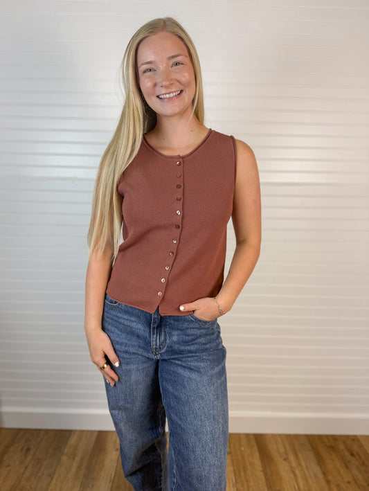 Rolled Hem Button Up Sweater Top - Terracotta