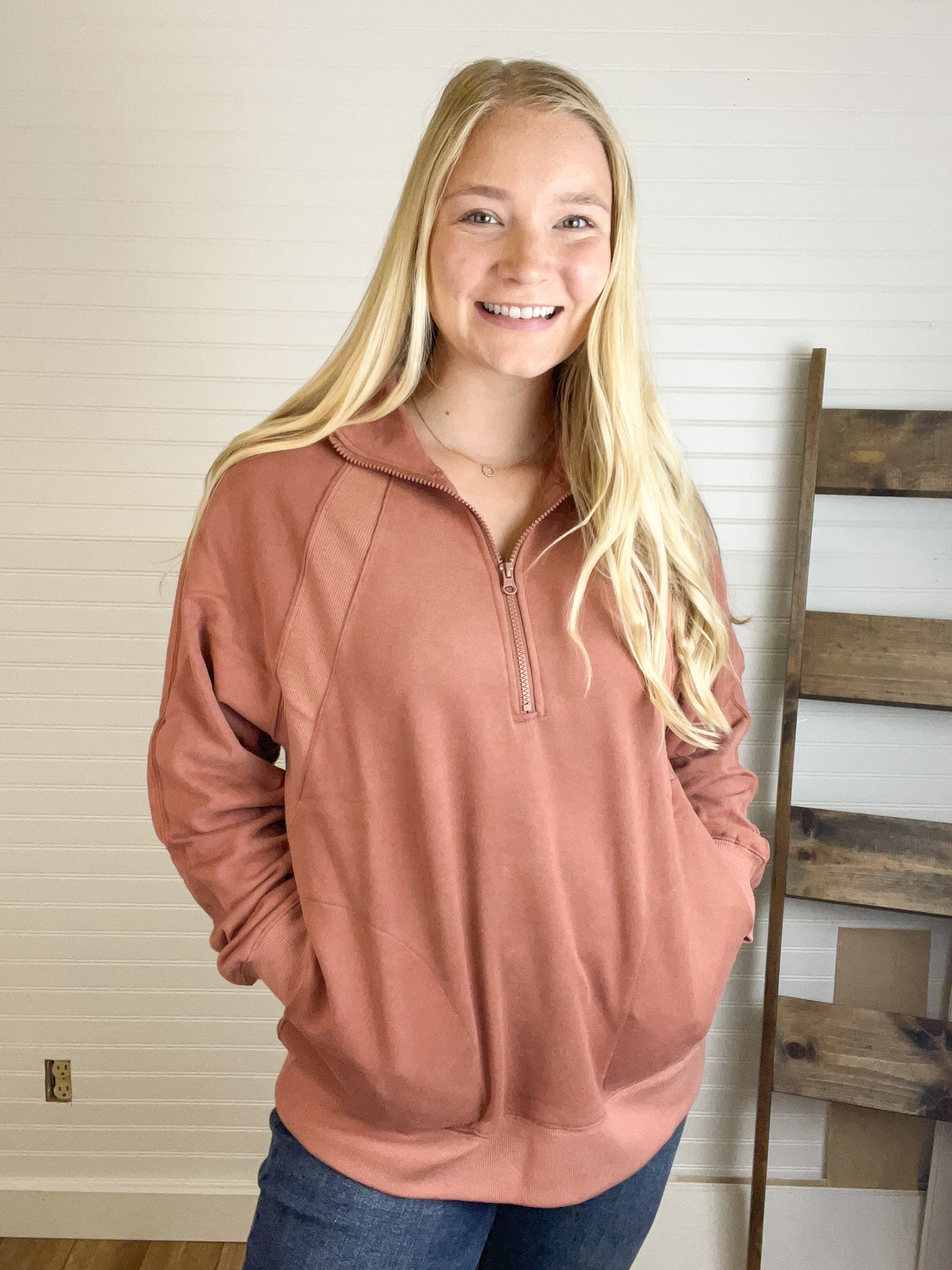 Oversized Half-Zip Sweatshirt - Mauve