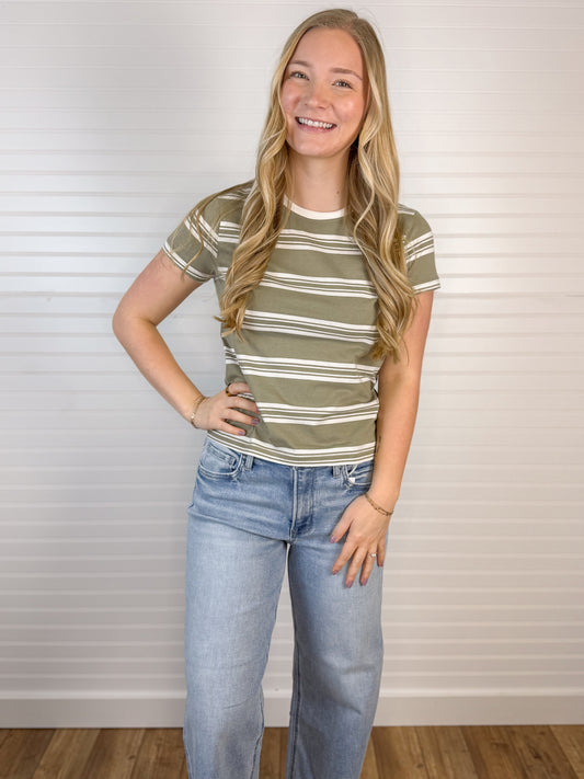 Crewneck Striped Cotton Tee - Green Tea