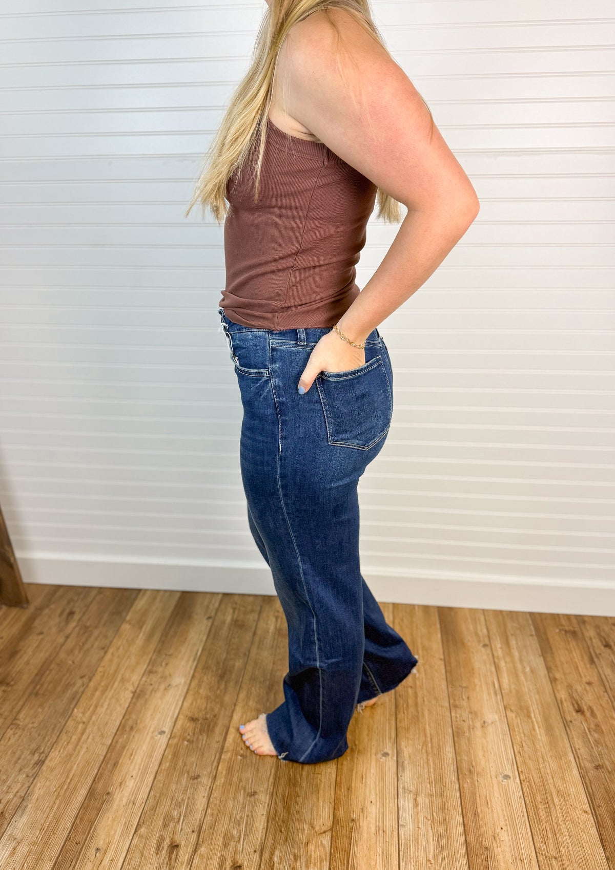 High Rise Raw Hem Wide Leg Denim - Dark Wash