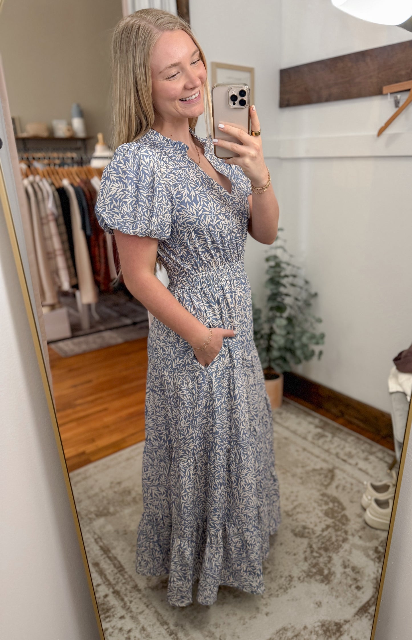 Leaf Flowy Bubble Sleeve Maxi Dress - Blue