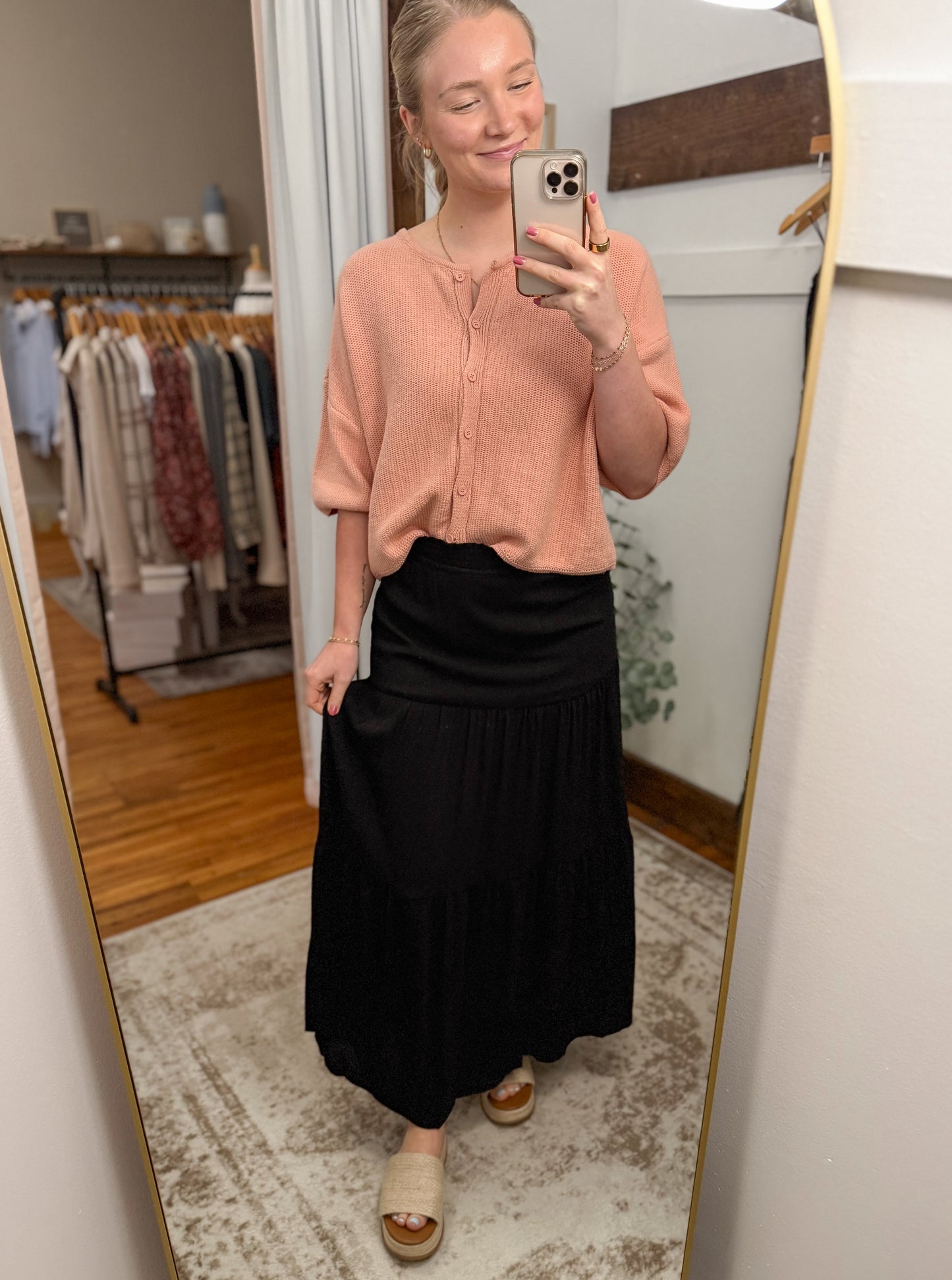 Smocked Waist Tiered Skirt - Black