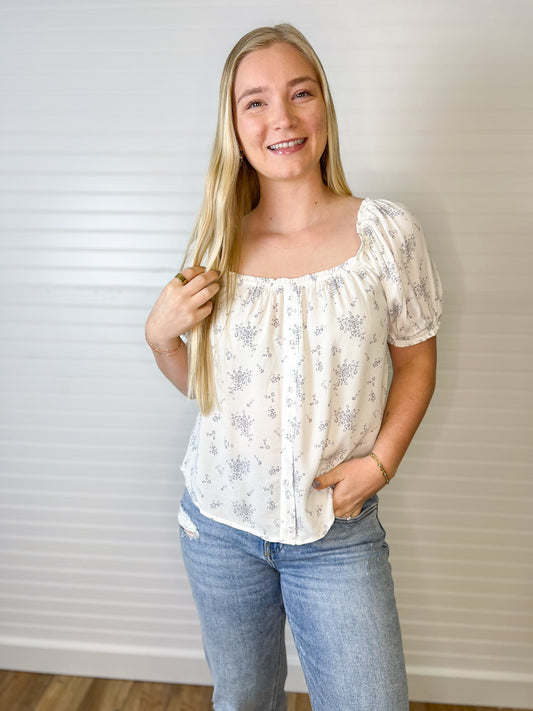Printed Button-Up Top - Denim/White