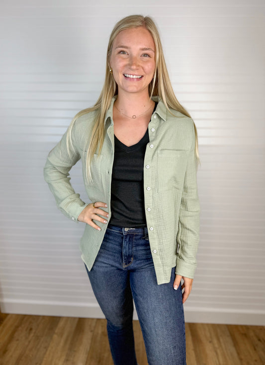 Cotton Gauze Button Up Shirt - Sage