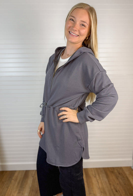 French Terry Drawstring Zip-Up - Gray/Purple