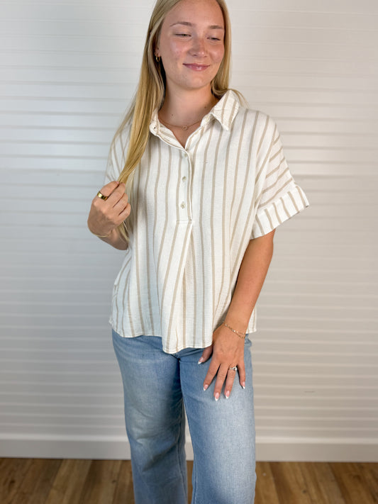Short Sleeve Striped Linen Top - Taupe/Off White
