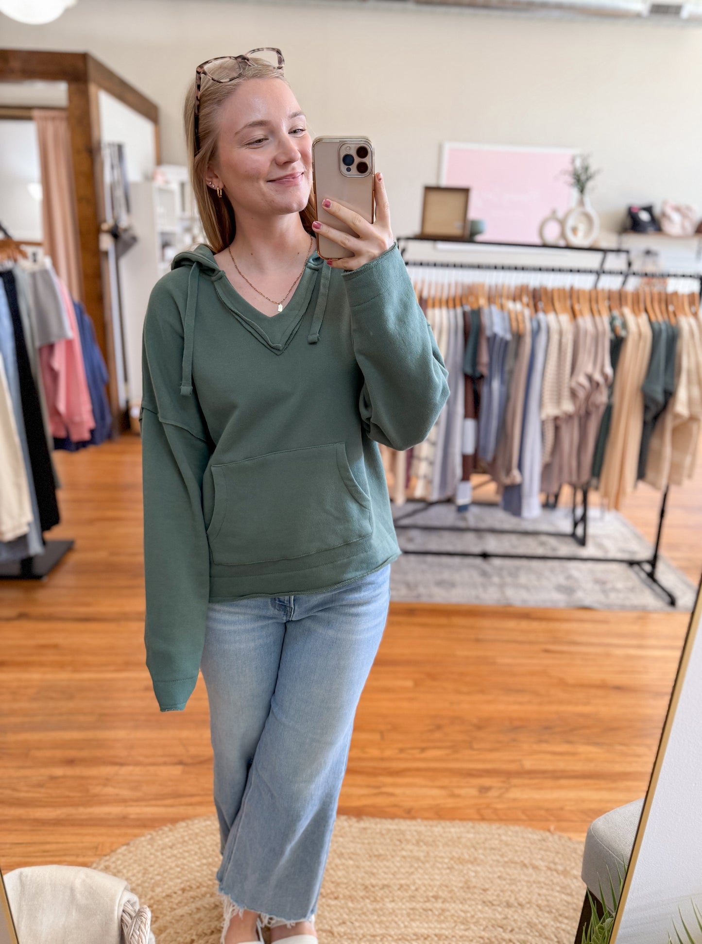 Cotton V-Neck Sweatshirt - Green