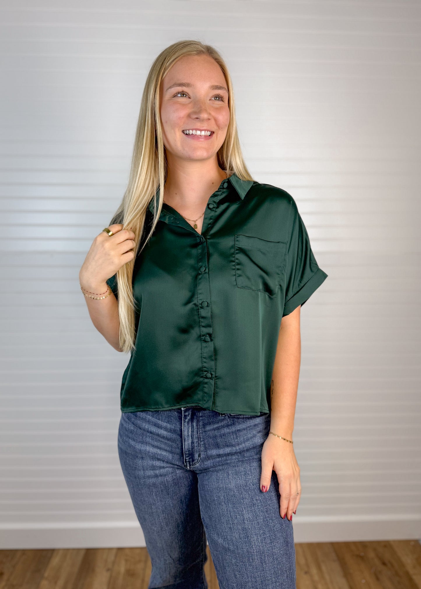 Satin Button Down Blouse - Hunter Green