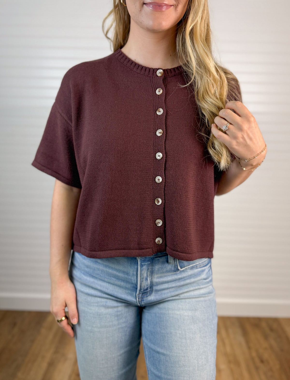 Short Sleeve Button Front Knit Top - Espresso