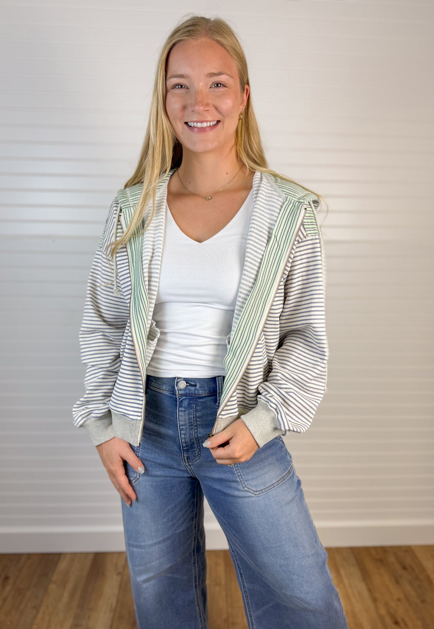 Striped Color Block Zip Hoodie - Blue/Green