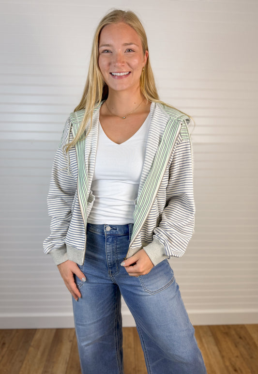 Striped Color Block Zip Hoodie - Blue/Green