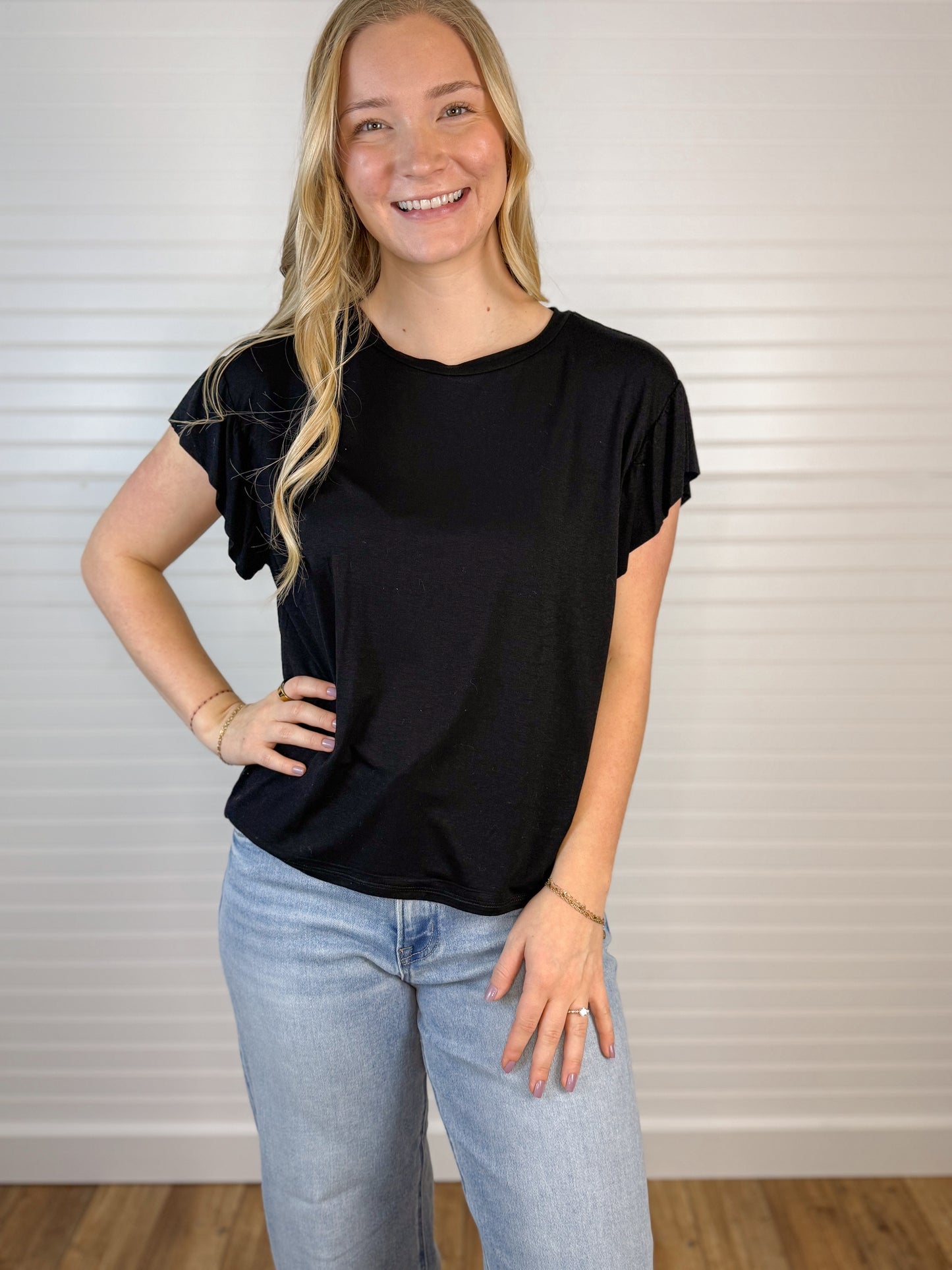 Soft Ruffle Short Sleeve Top - Black