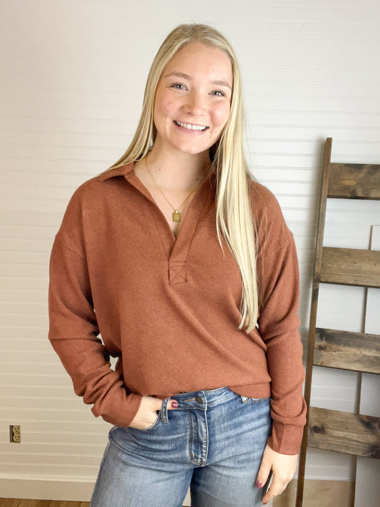 Taylor Long Sleeve Collar Top - Rust