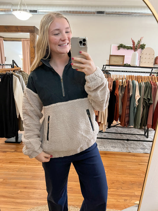 Half Zip Quilted Pullover - Taupe/Forest Green