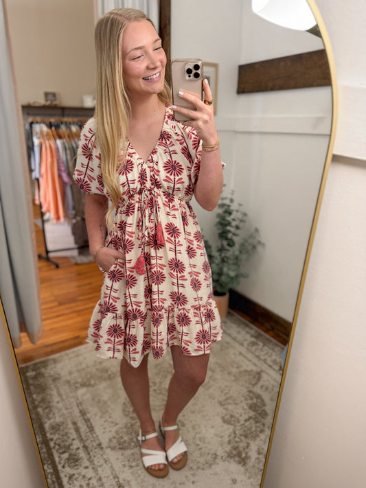 Floral V-Neck Puff Sleeve Dress - Rose