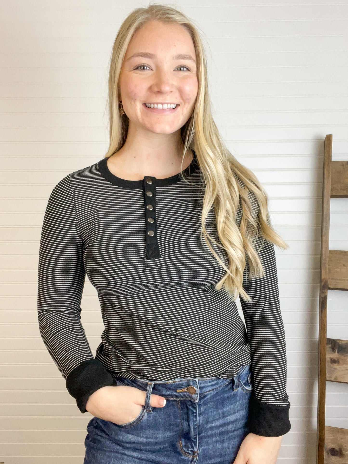 Henley Striped Top - Black