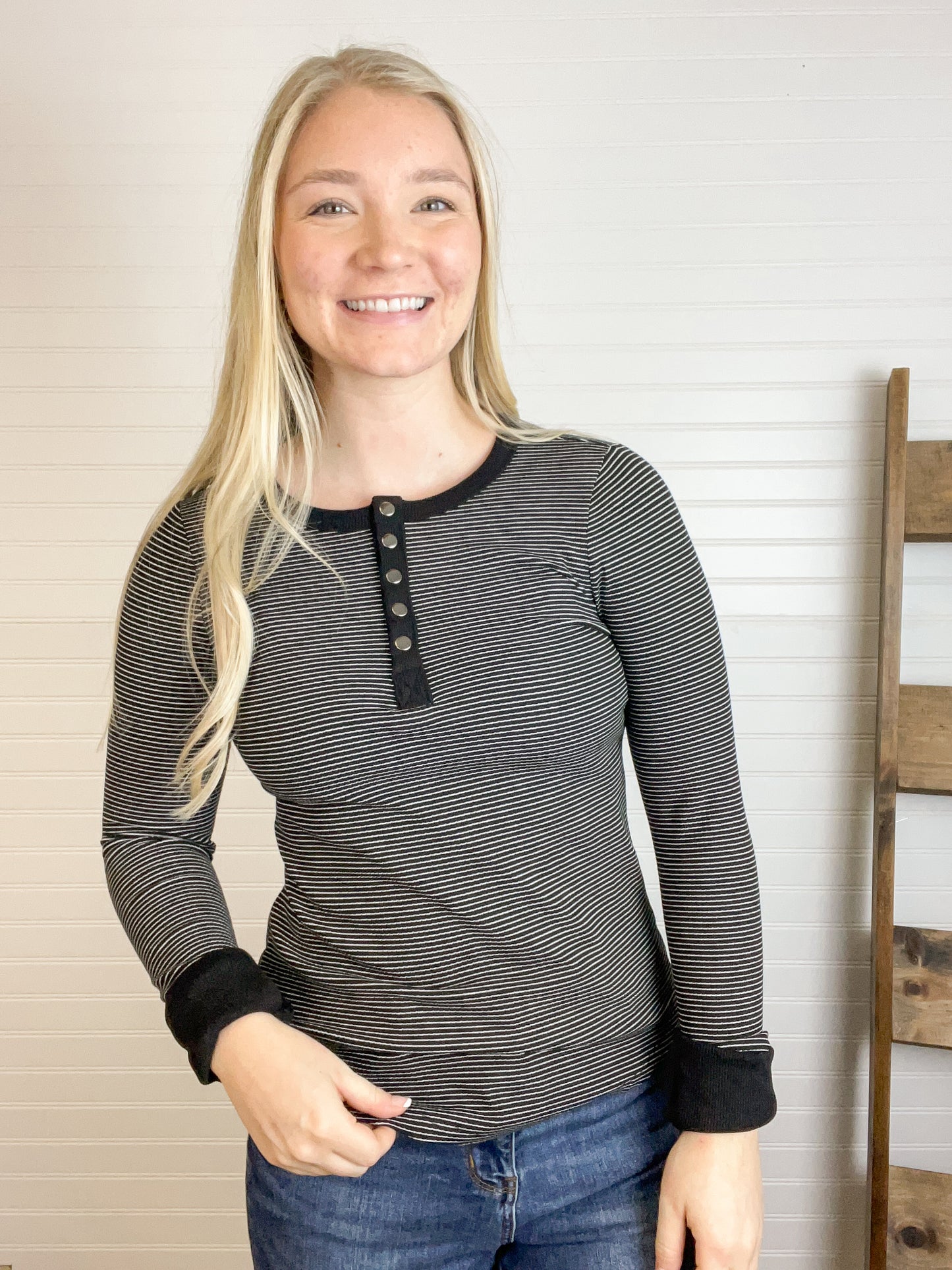 Henley Striped Top - Black