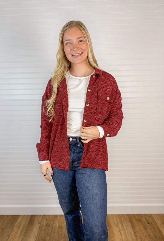 Lightweight Button Up Shacket - Burgundy