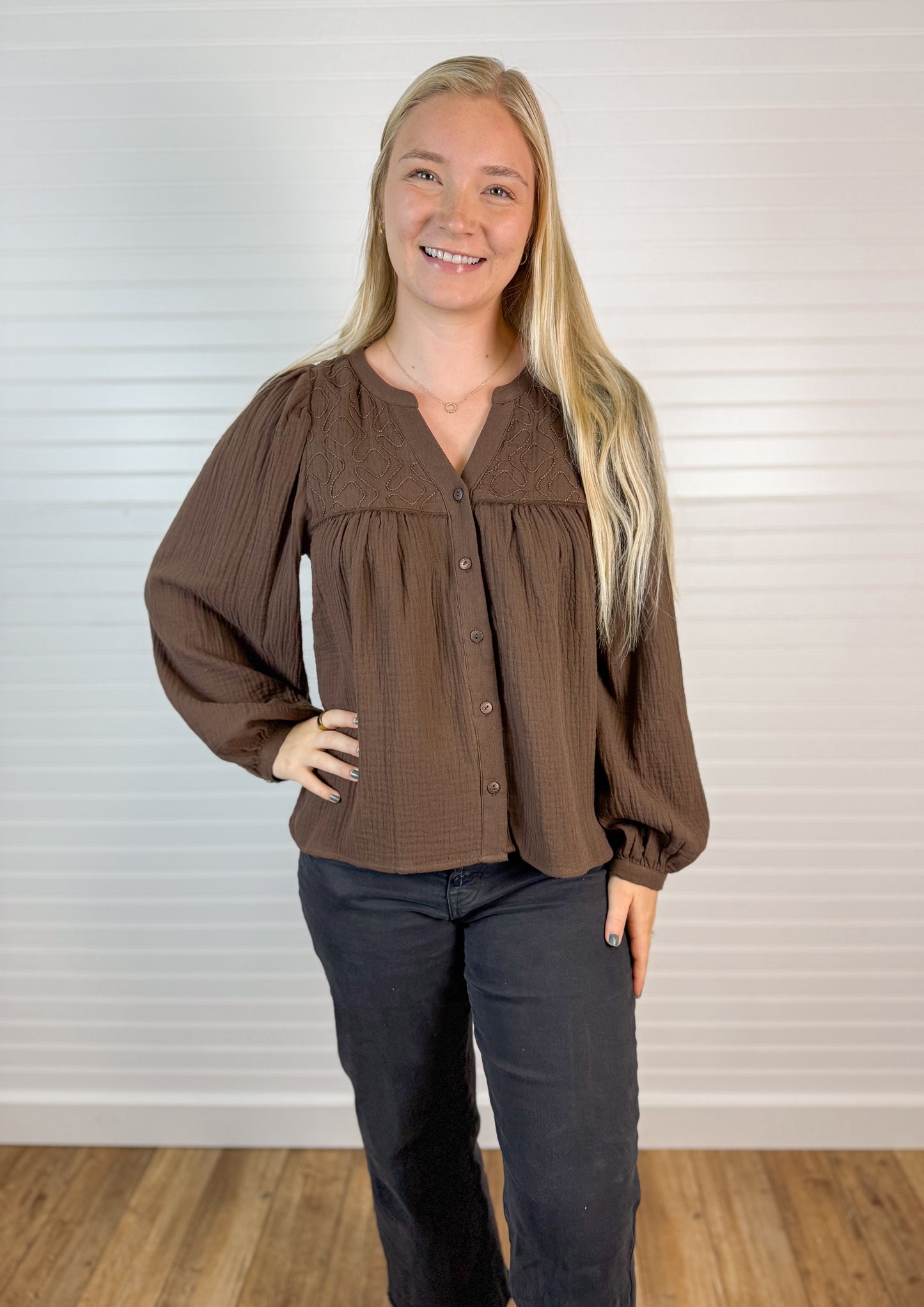 Embroidered Cotton Gauze Blouse - Brown