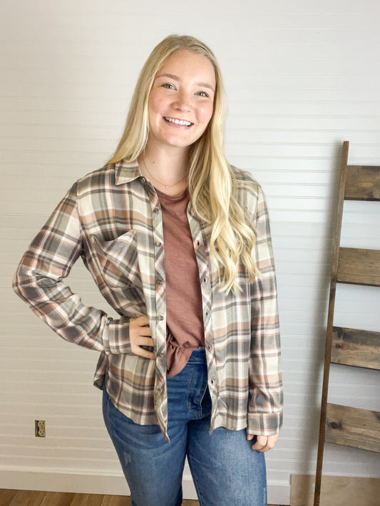 Plaid Button Down Flannel - Mocha/Rust