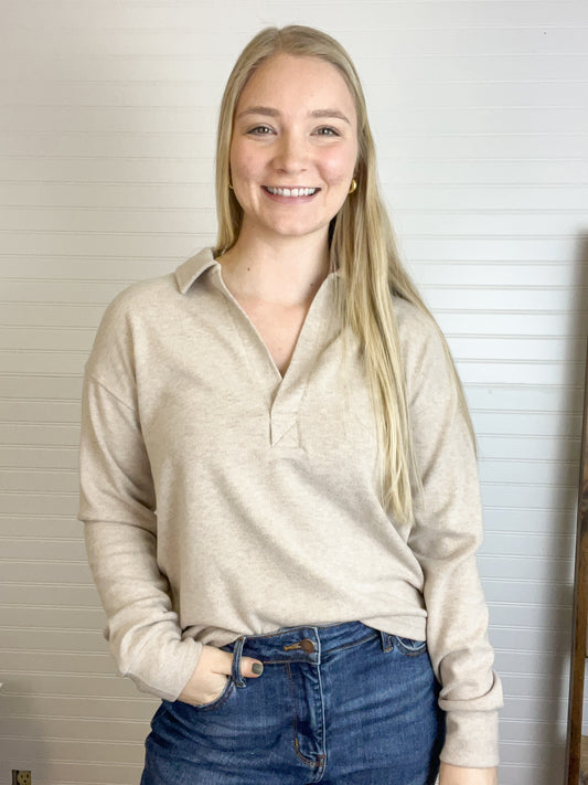 Taylor Long Sleeve Collar Top - Taupe