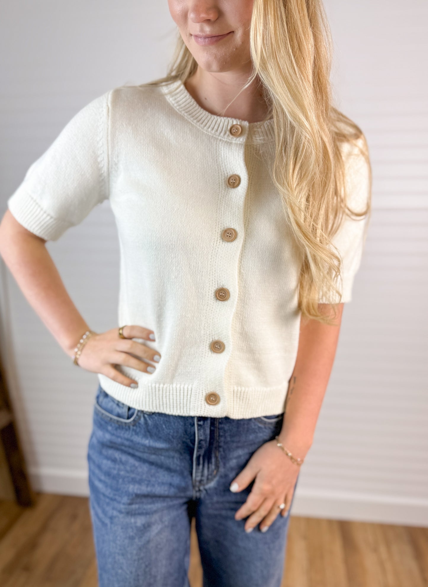 Button Down Short Sleeve Sweater - Ivory