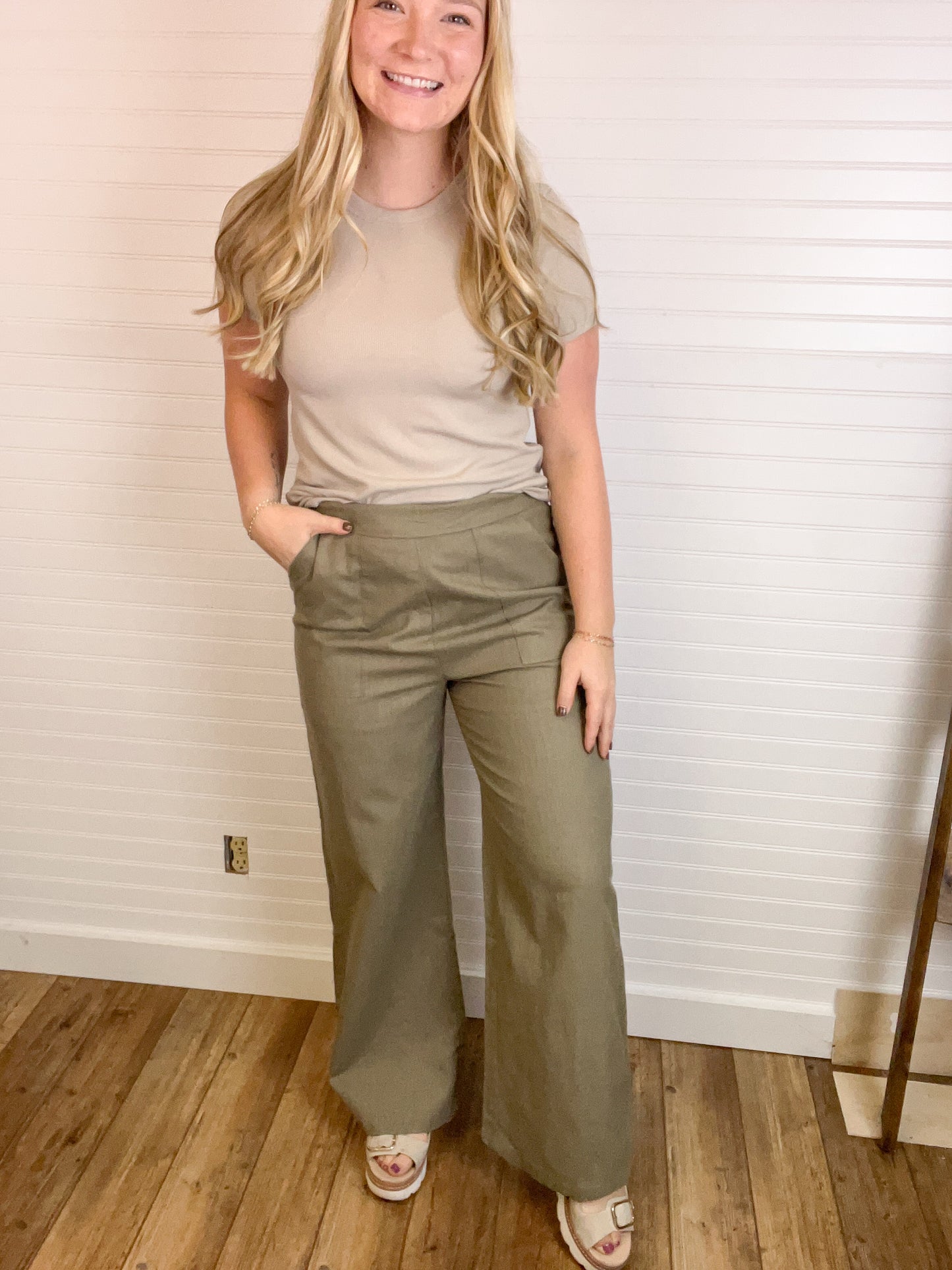 Elastic Waist Linen Pants - Sage