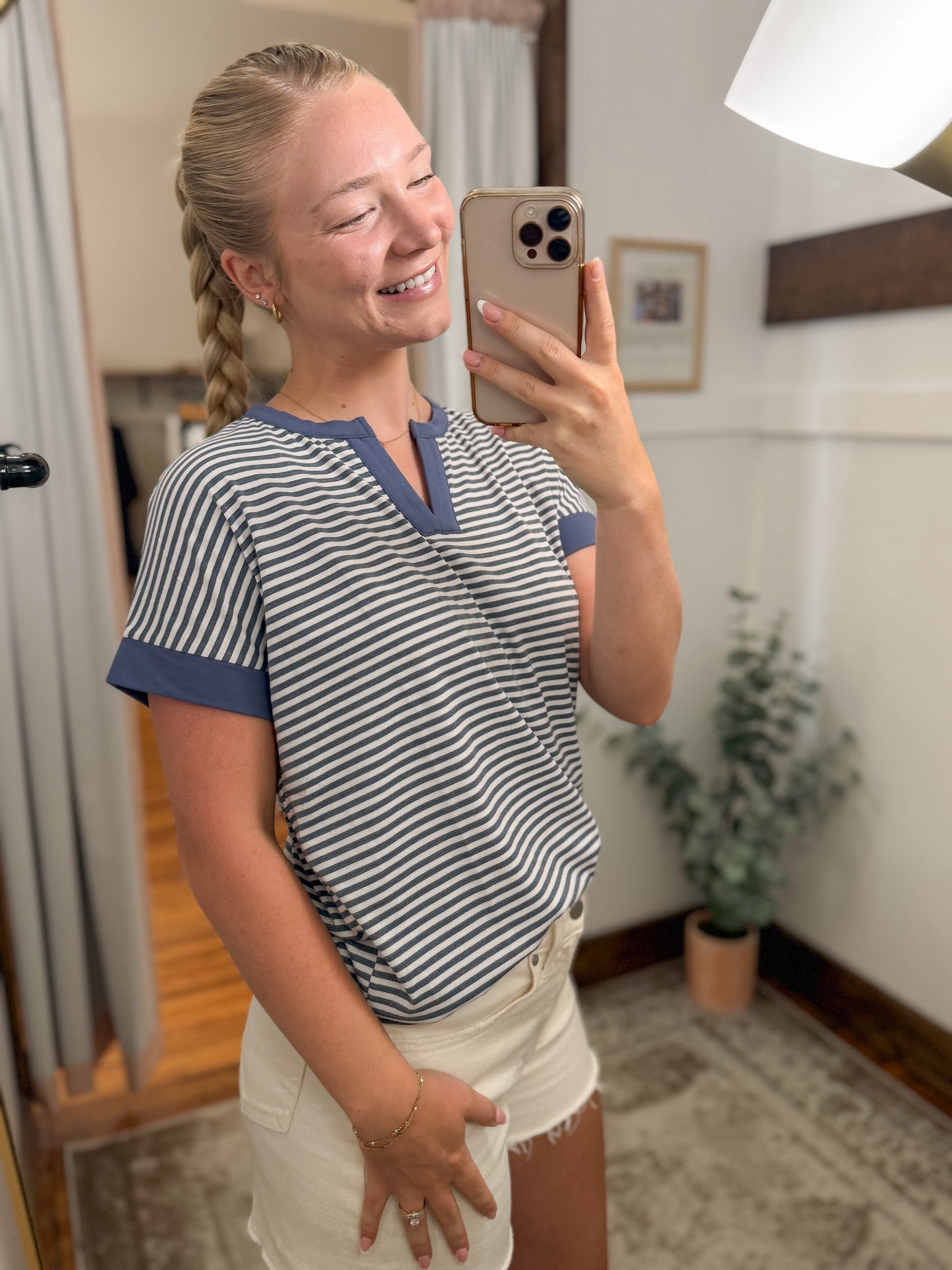 Contrast Trimmed Striped Split Neck Tee - Navy/Ivory