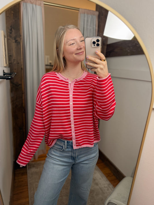 Button Front Striped Cardigan - Red/Pink
