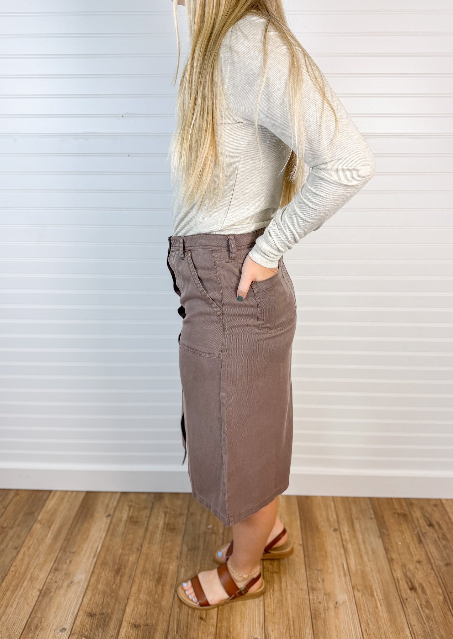Tencel Blend Button Up Midi Skirt - Cocoa