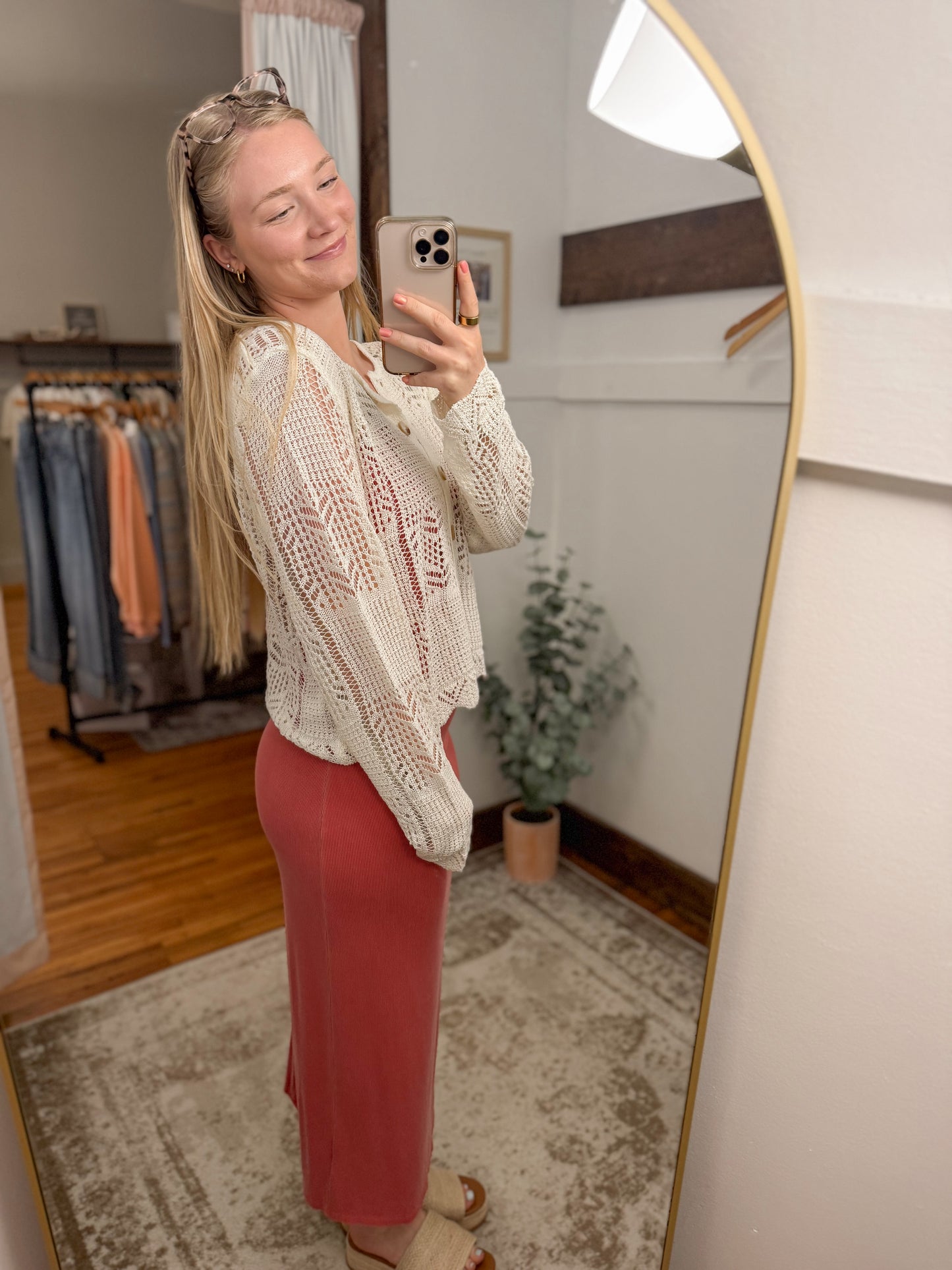 Pointelle Button Down Cardigan - Cream