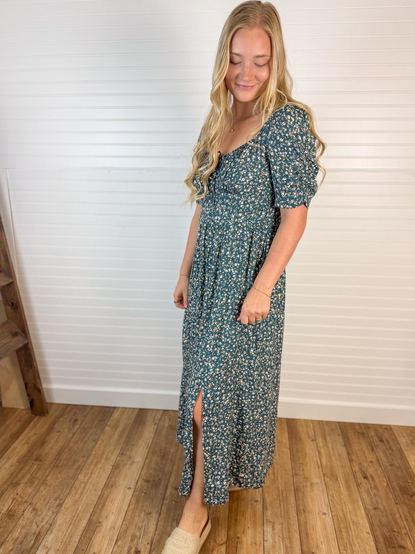 Ruched Chest Ditsy Midi Dress - Teal