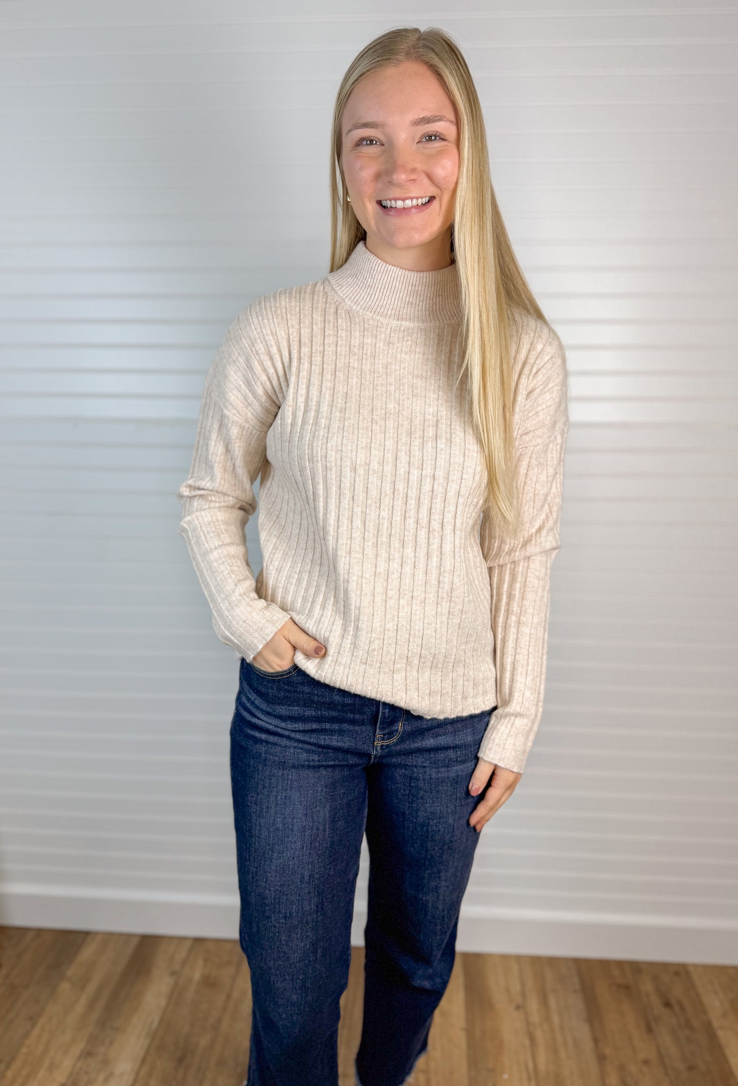 Soft Chunky Ribbed Mock Neck Sweater - Oatmeal